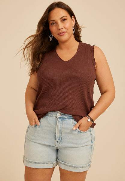 Maurices Plus Size Ruffle Trim Ribbed V Neck Tank Top
