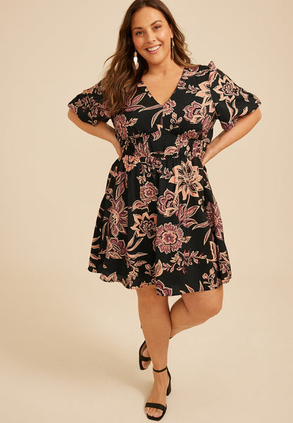 Maurices Plus Size Floral Bubble Sleeve V Neck Mini Dress