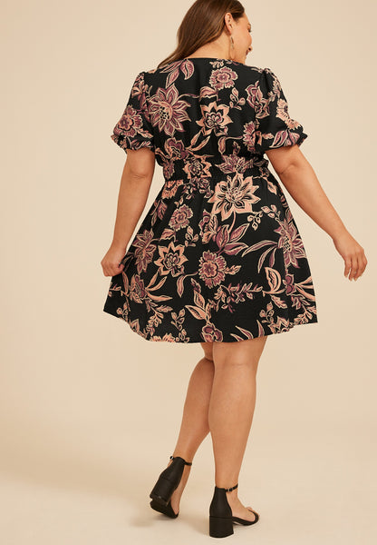 Maurices Plus Size Floral Bubble Sleeve V Neck Mini Dress