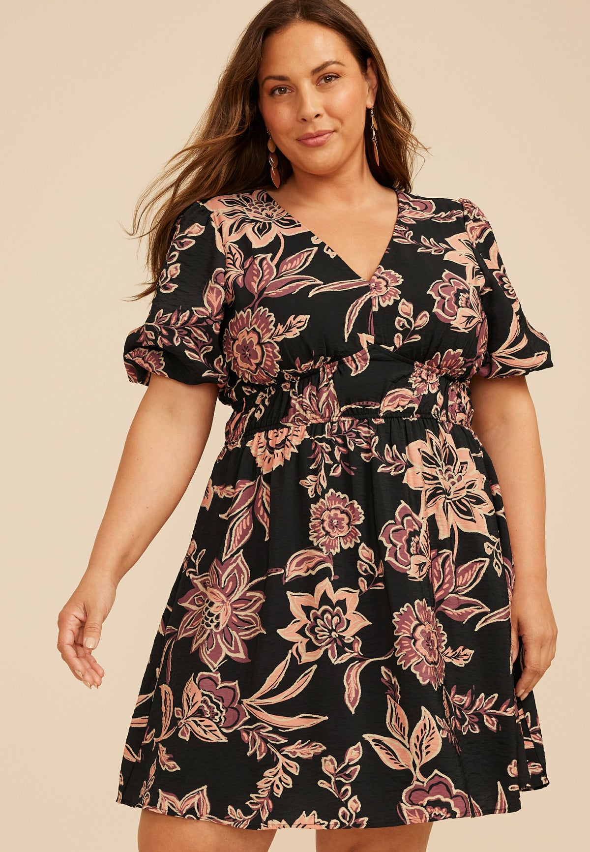 Maurices Plus Size Floral Bubble Sleeve V Neck Mini Dress