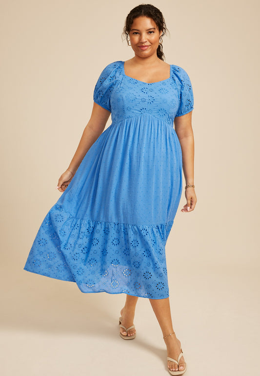 Maurices Plus Size Bare Mixed Fabric Puff Sleeve Midi Dress