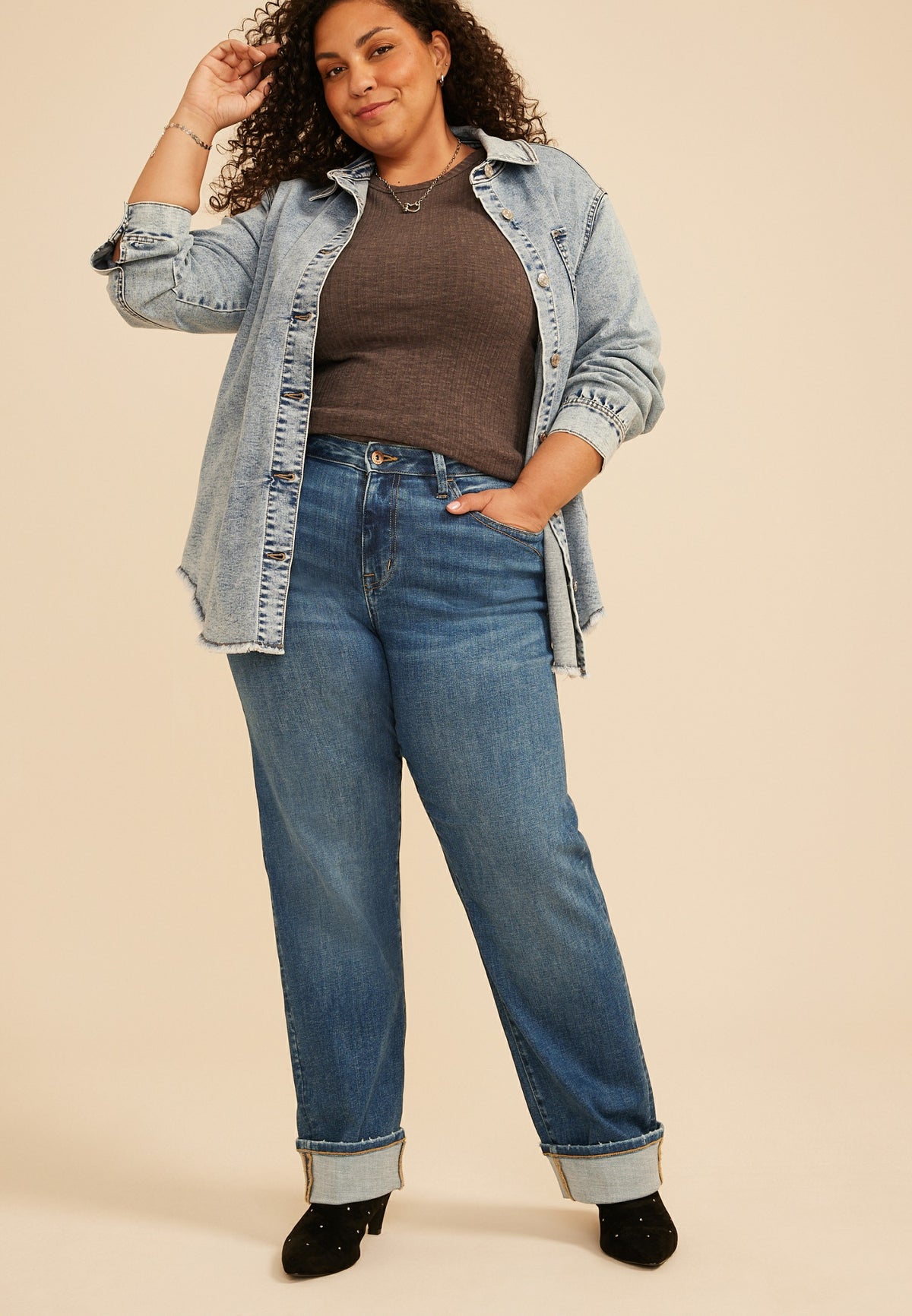 Maurices Plus Size edgely™ High Rise Pocket Stitch Relaxed Straight Cuffed Jean