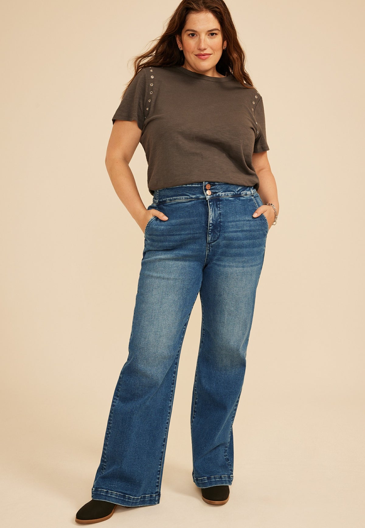 Maurices Plus Size Risen Jeans® High Rise Tummy Control Panel Double Button Trouser Bootcut Jean