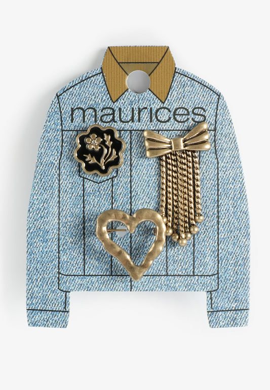 Maurices Gold Heart Bow Flower Pin Set